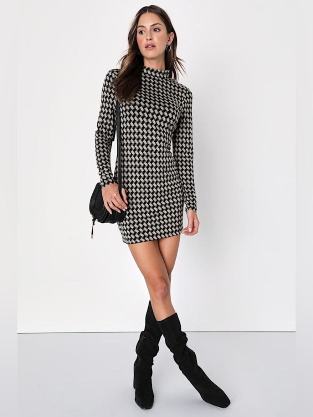 NWT Lulus “Cool Girl Status” Black Print Mock Neck Long Sleeve Mini Dress